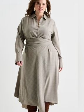 Ashley Graham Taupe Plaid Wrap Midi Dress